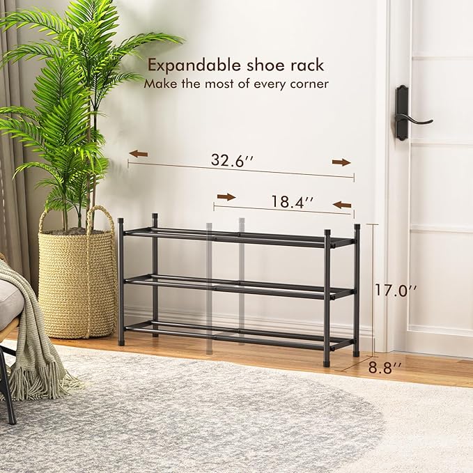 Expandable Shoe Rack, 3 Tier Shoe Rack for Closet, Stackable Adjustable Standing Metal Shoe Shelf Organizer Storage, Small Shoe Racks for Front Door Entrance、Entryway(Black)