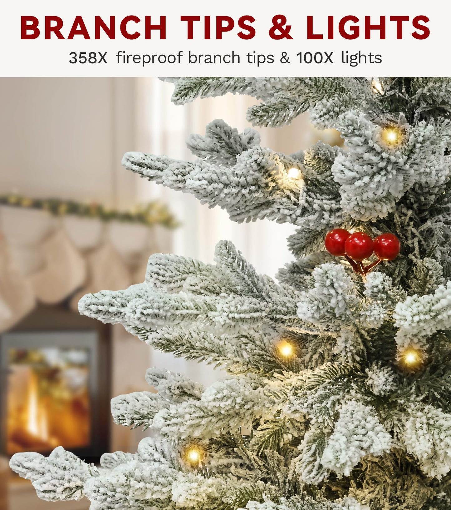 DWVO 4.5 FT Potted Slim Pre-lit Flocked Arctic Fir Pencil Tree, Potted Christmas Tree with 11 Red Hollies, 358 PE & PVC Branch Tips, and 100 Lights for Home and Office Decor