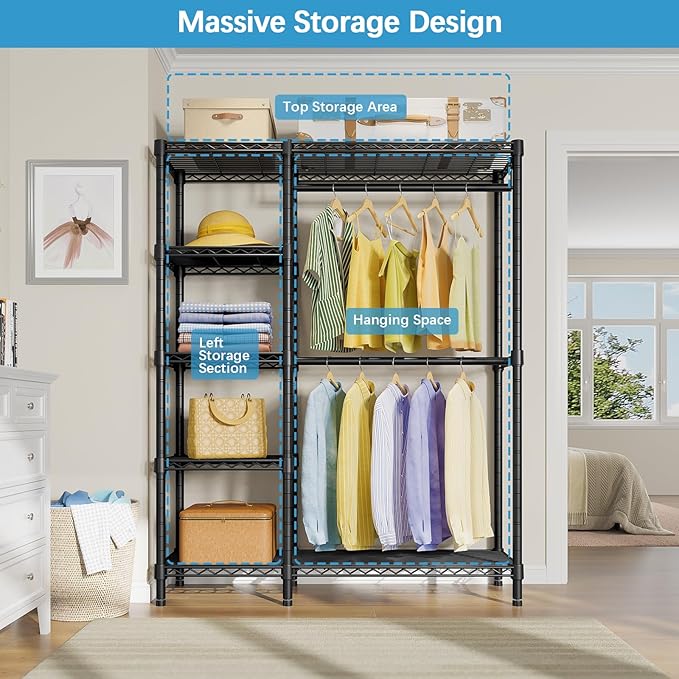 VIPEK V7 Garment Rack for Hanging Clothes Heavy Duty Clothes Rack with Shelves, Portable Closet Racks Metal Clothing Racks 5 Tiers Freestanding Closet Wardrobe System, Max Load 670lbs, Black