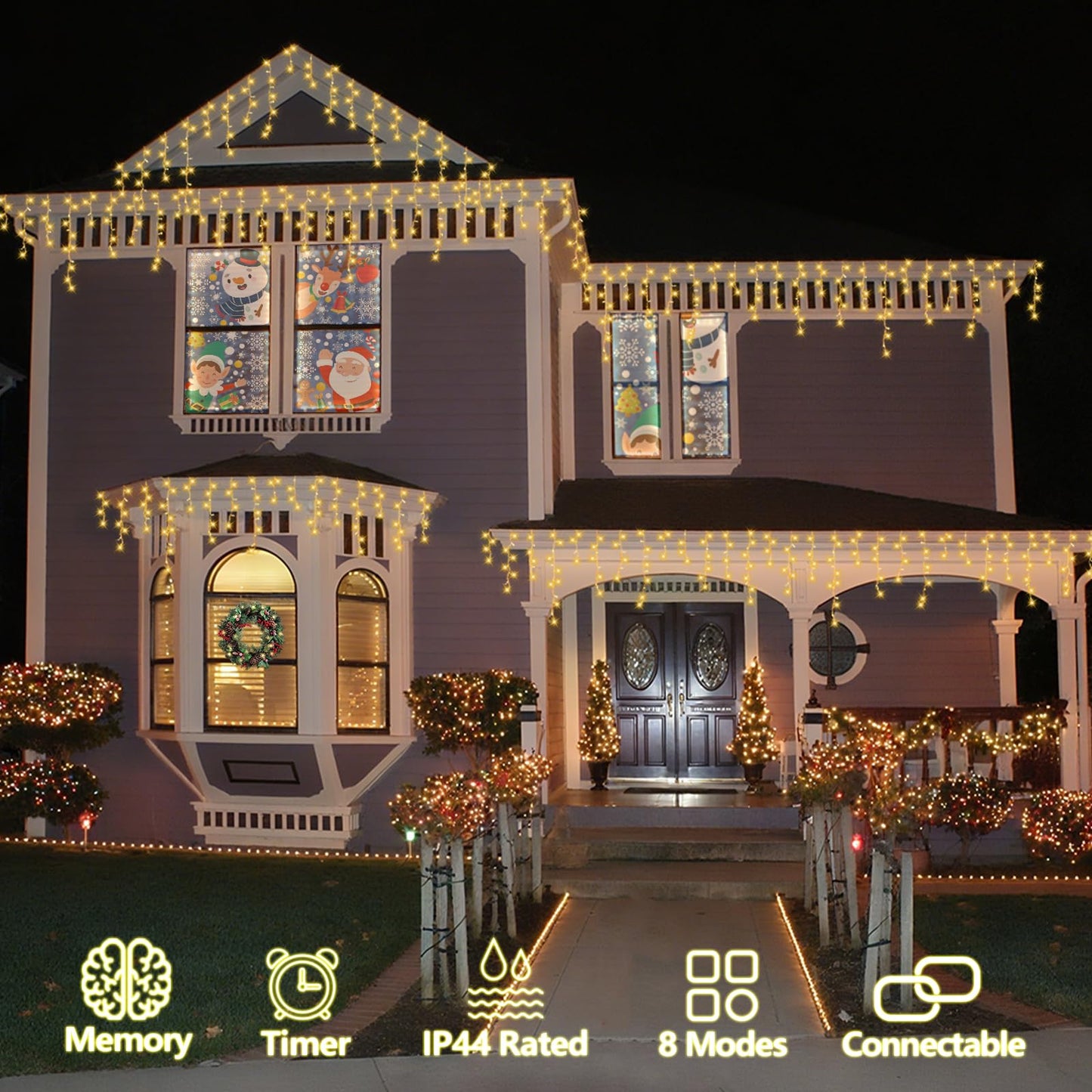 QITONG Warm White Icicle Christmas Lights, 33ft 400 LED Icicle Lights for Outside Indoor with 8 Modes, Clear Wire Connectable String Light Plug in