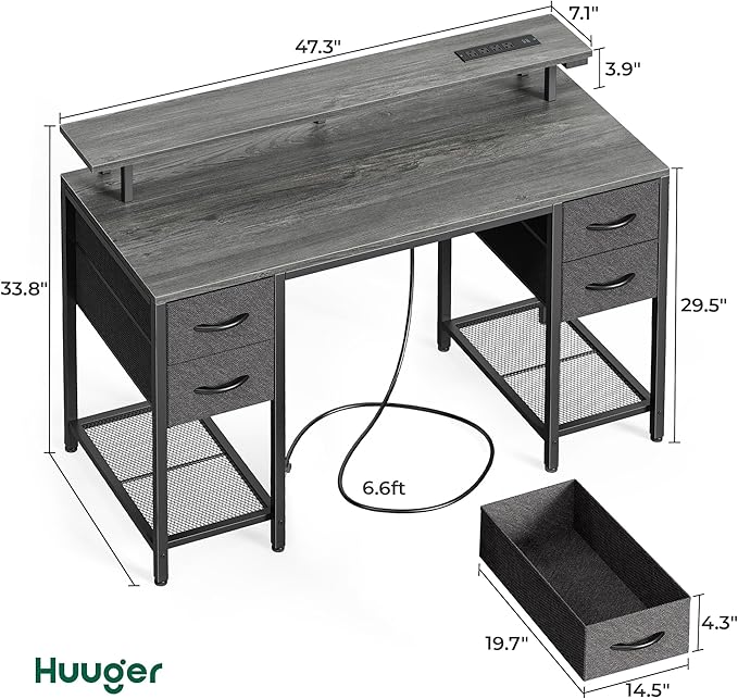 Huuger 47 inch Computer Desk with 4 Drawers, Gaming Desk with LED Lights & Power Outlets, Home Office Desk with Large Storage Space for Bedroom, Work from Home, Grey