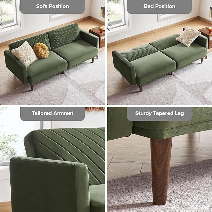 mopio 76.8" Futon Sofa Bed, Small Couch, Sleeper, Loveseat, Mid Century Modern Futon Couch, Sofa Cama, Couches for Living Room (Olive Green Premium Velvet)