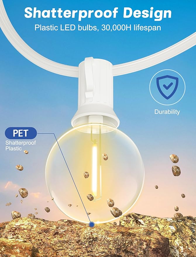 SUNSGNE G40 Globe White String Lights Outdoor - 100FT White Patio Lights with 52 Shatterproof Dimmable LED Bulbs(2 Spare) for Room Party Bistro Pergola Tents Decor