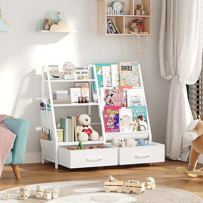Kids Bookshelf and Toy Storage,3-Tier Sling Bookcase for Kids,Sturdy Toddler Bookshelf for Nursery,Playroom, Bedroom,White KBWT8401