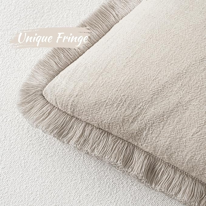 MIULEE Decorative Throw Pillow Covers Neutral Linen Fringe Throw Pillows Euro Shams Set of 2 Natural Beige Boho Farmhouse Cushion Covers for Couch Sofa Bed Living Room Spring Home Decor 26x26 Inch