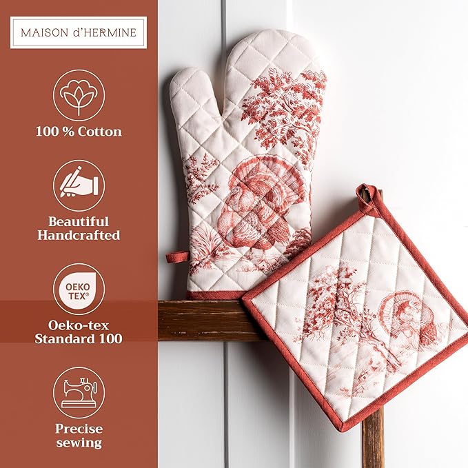 Maison d' Hermine 100% Cotton Oven Mitt & Pot Holder Set (7.5"x13" & 8"x8") Heat Resistant BBQ Cooking Gloves with Loop for Thanksgiving Christmas Decorations Handling Hot Pans (Holy Jouy - Red)