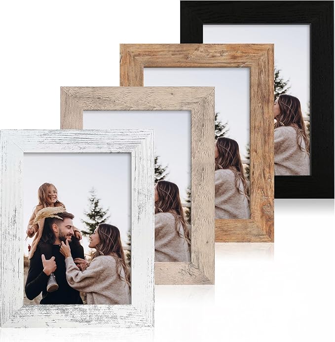 5x7 Picture Frame Set of 4, High Definition Real Glass 5 x 7 Photo Frames for Tabletop Display and Wall Mounting (Distressed White+Smoke Gray+Rustic Brown+Black)