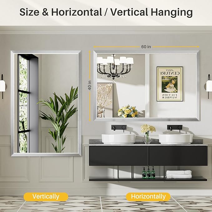 60x40 Inch Silver Bathroom Mirror for Wall, Thick Metal Framed Rectangle Mirrors for Over Sink, Bedroom, Living Room, Entryway, Anti-Rust, HD Tempered Glass