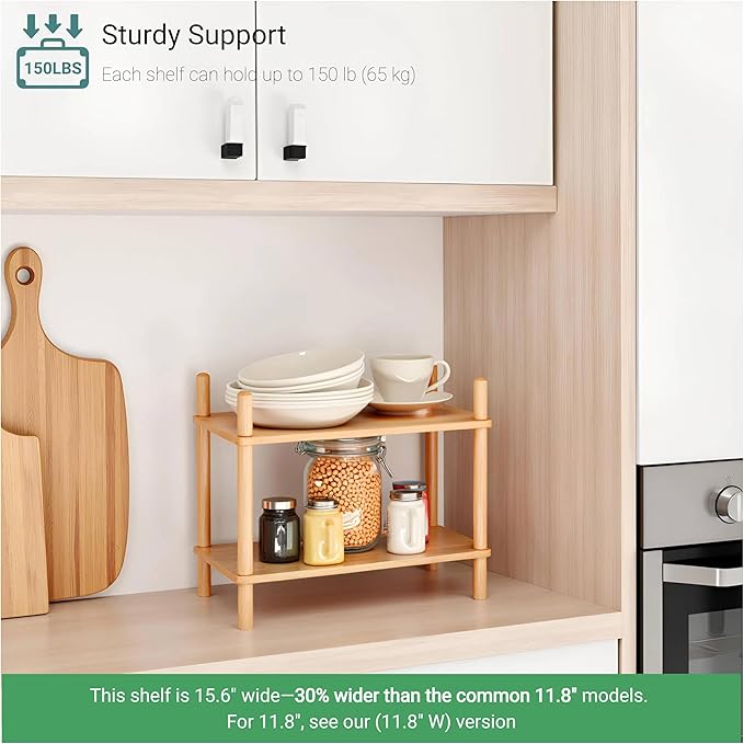 Bamboo Rack | Tool-Free Expandable (2-6 Tiers) | Kitchen Spice Organizer & Office Breakroom Snack/Cup Storage (Natural Bamboo)(Powered by Gogogo) (Natural, 15.6" W(2 Tier))