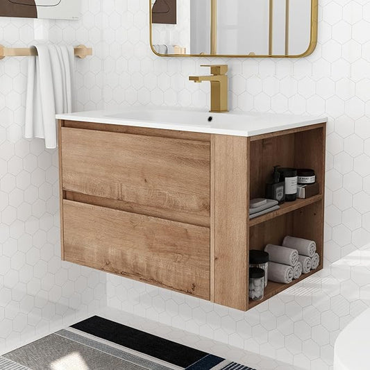 Goujxcy 30" Wall Mounted Bathroom Vanity with Sink, Modern Floating Bathroom Cabinet with White Gel Basin and Storage Drawer/Adjustable Side Shelf, Soft-Closing Door Wood Hanging Bath Room Cabinet