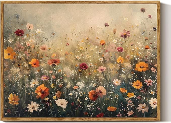 InSimSea Framed Canvas Wall Art Vintage Decor, Wall Decor for Living Room Bedroom Office Bathroom, Nature Landscape Flower Wildflower Oil Painting Prints, Home Desk Decorations, 12x16inch