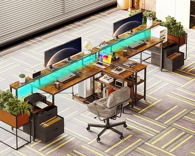 ODK L Shaped Desk with File Drawer, 66" Reversible L Shaped Computer Desk with Power Outlet & LED Strip, Office Desk with Storage Shelves, Gaming Desk with Monitor Shelf, Corner Desk, Vintage