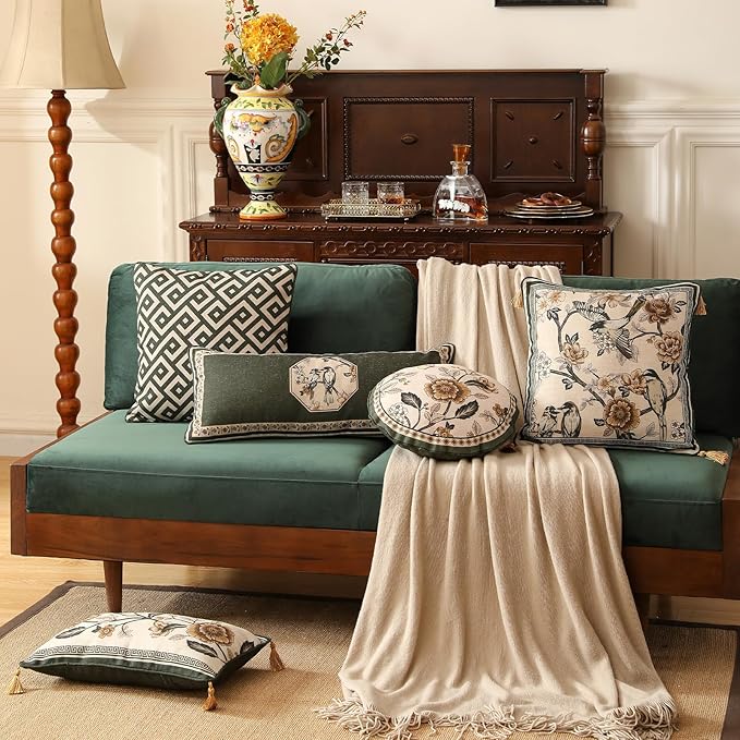 Design Linen Chinoiserie Square Throw Pillow Covers 18"x18" Pack of 2, Farmhouse Cushion Covers with Yellow Floral Birds Pattern Decoration Pillowcases for Bed,Living Room,Outdoor,Car