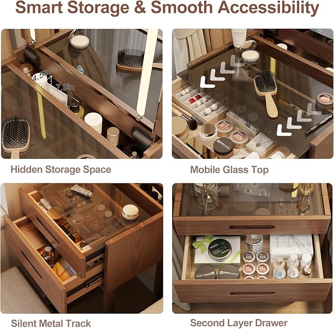 Solid Wood Small Vanity Desk with Mirror and Lights, Narrow Makeup Vanity for Small Space, Flip Top Vanity Side Table, 3 Color Modes & Adjustable Brightness, 19.6" Slim Dressing Table, Walnut