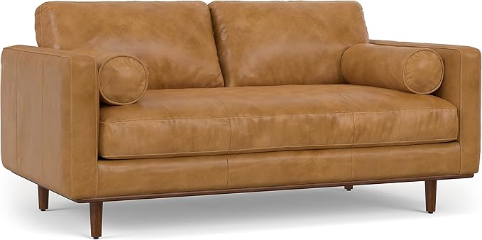 SIMPLIHOME Morrison 72-inch Wide Sofa in Sienna Top Grain Genuine Leather, Mid-Century Modern-Style Loveseat for Living Room, Single Bench Cushion, Removable Back Cushions, 2 Bolster Pillows