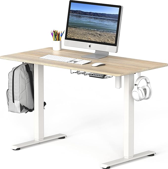 SHW 48-Inch Electric Height Adjustable Sit to Stand Desk with Hanging Hooks and Cable Management, White Frame and Maple Top