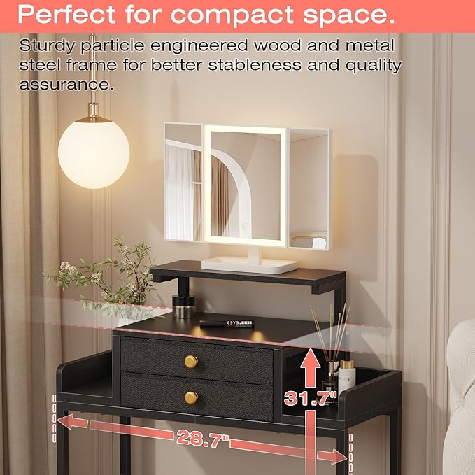 Vanity Desk with Mirror and Lights, 28.4''W Small Makeup Vanity Table with Height-Adjustable Stand, 2 Fabric Drawers Compact Makeup Desk, Gift for Girls, Bedroom Small Space, Black