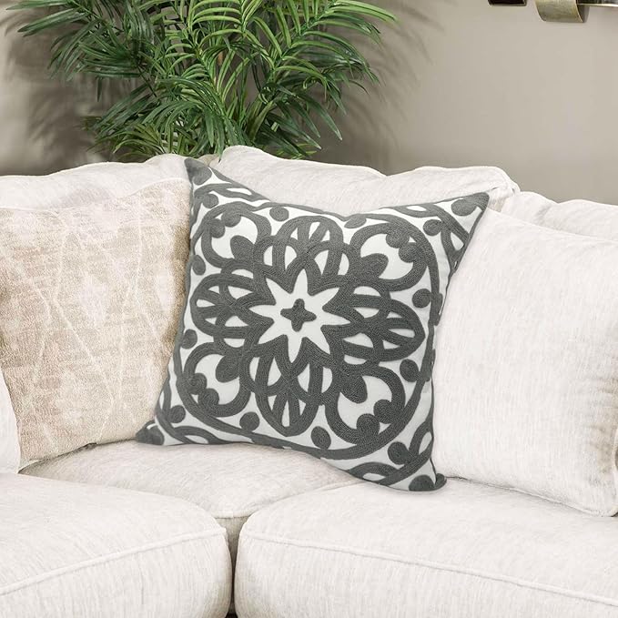 Alysheer Embroidered Decorative Throw Pillow Cover 18x18 inch, Cozy Warm Boho Mandala Chic Embroidery Pattern Gray Cotton Cushion Case for Sofa Couch Bed Living Room Decor (Grey)