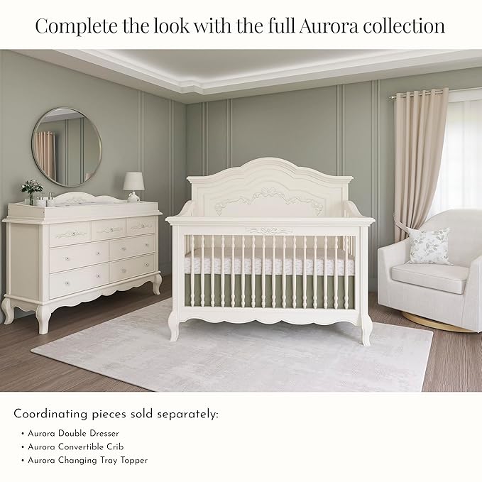 évolur Aurora 5-in-1 Convertible Full-Size Baby Crib in Ivory Lace, GreenGuard Gold & JPMA, 3 Mattress HeightsRibbon Bow Scrollwork & Queen Anne Feet, Converts to Toddler, Day & Full-Size Bed