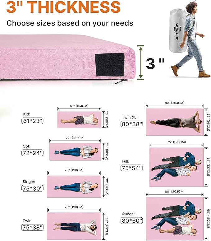 3 Inch GAIALOOP Thick Memory Foam Camping Mattress Sleeping Pad [Car/Tent/Cot] Glamping Portable Floor Mat Roll Up Futon Mattress for Guests Sleepover