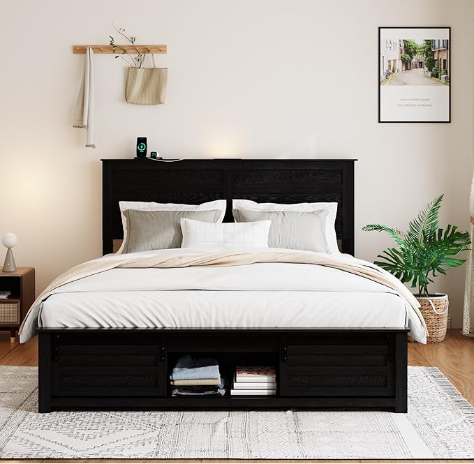 Wooden Full Size Bed Frame with Headboard, Classic Black Farmhouse Storage Bedframe with Sliding Barn Door Footboard and Charging Station, Wood Slats, No Box Spring Needed
