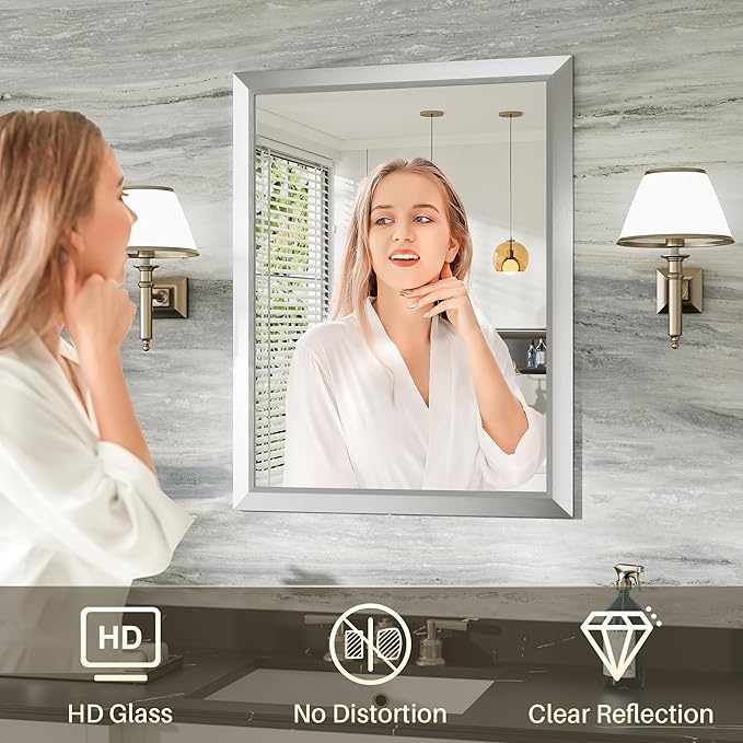 36x32 Inch Silver Bathroom Mirror for Wall, Thick Metal Framed Rectangle Mirrors for Over Sink, Bedroom, Living Room, Entryway, Anti-Rust, HD Tempered Glass
