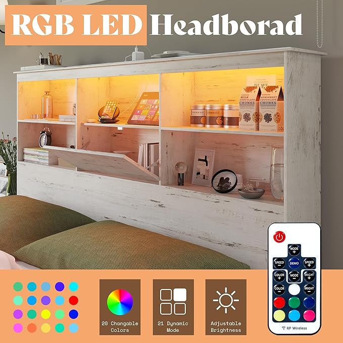 AMERLIFE Farmhouse King Size Bed Frame with 51.2" LED Storage Bookcase Headboard, Solid Wooden Platform Bed with 4 Drawers & Charging Station, Distressed White, No Box Spring Needed, Noise-Free