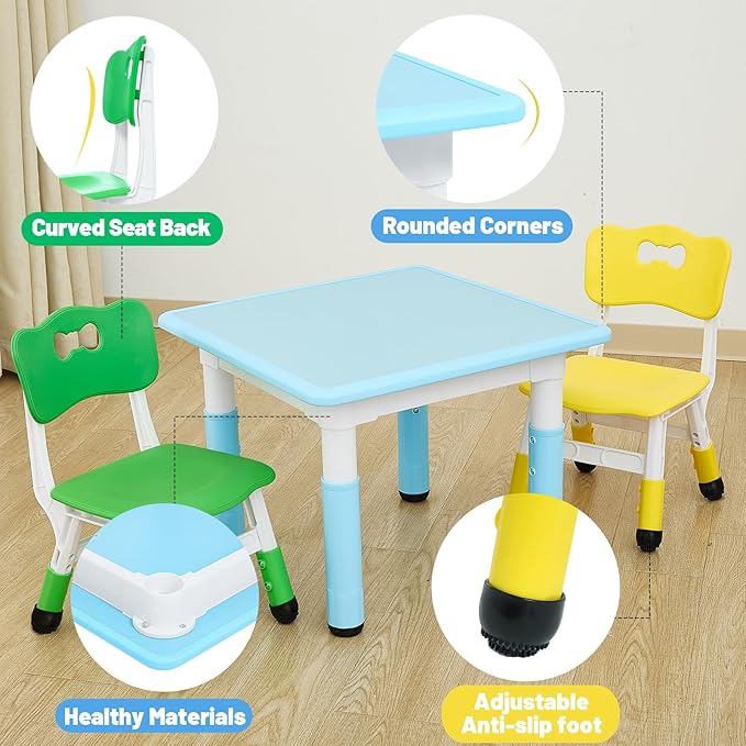 FUNLIO Kids Table and 2 Chairs Set, Height Adjustable Toddler Table and Chair Set for Ages 3-8, Easy to Wipe Arts & Crafts Table, for Classrooms/Daycares/Homes, CPC & CE Approved, Multi-Color