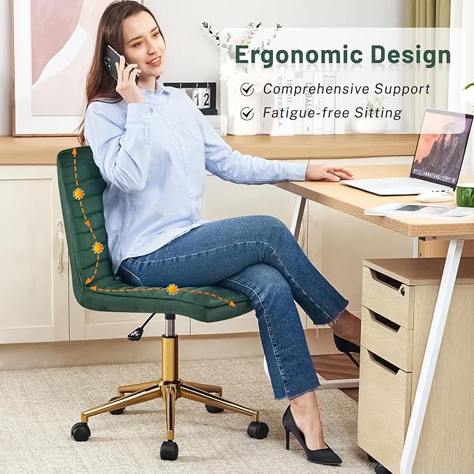 Furniliving Armless Vanity Chair with Wheels, Computer Rolling Desk Chair with Back Soft Velvet Fabic Height Adjustable Gold Metal Base Swivel Stool Chairs,DarkGreen