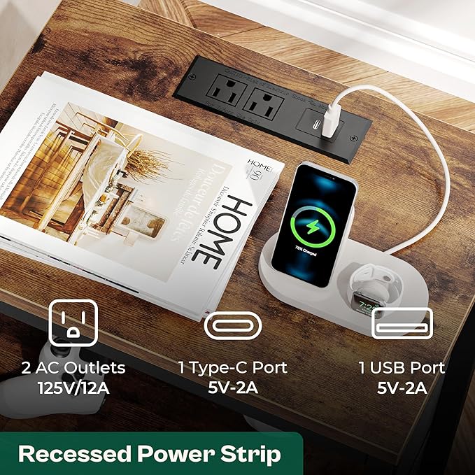 Huuger Nightstands Set of 2, 27.6 Inch End Tables with Charging Station, Fabric Drawers, Bedside Tables with USB Port and Outlet, Night Stands for Bedroom, Rustic Brown