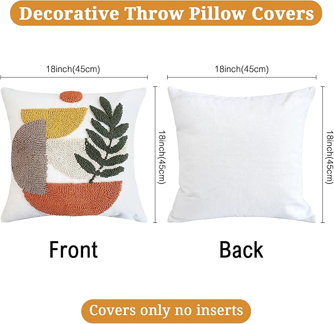 Boho Accent Pillow Covers 18x18- Tufted Abstract Modern Square Throw Pillow Covers, Farmhouse Decorative Pillowcase for Couch, Sofa, Bed, Living Room -Orange Beige Geometric Dark Green Leaf