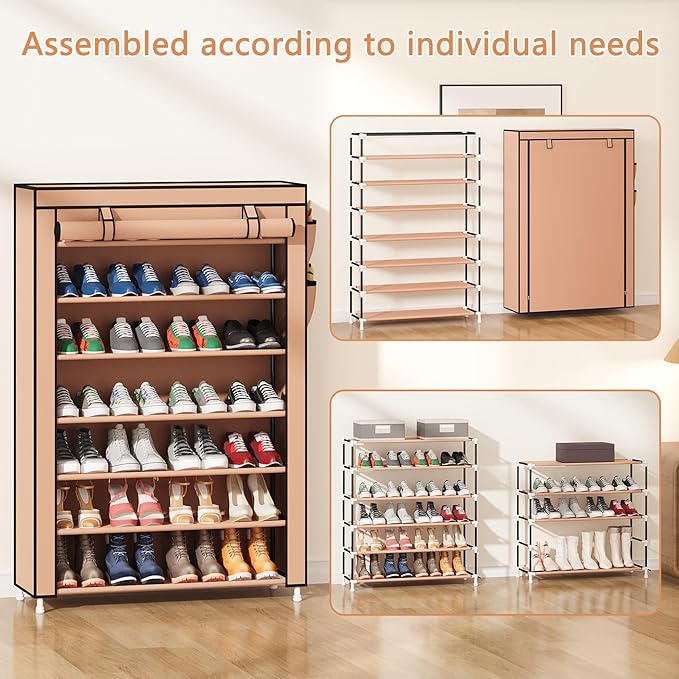 Laiensia 7-Tier Vertical Shoe Rack Organizer, Space Saving Shoe Storage Organizer, Non-Woven Cover Shoe Shelf Holds 28-35 Pairs for Bedroom, Hallway, Closet Entryway, Brown