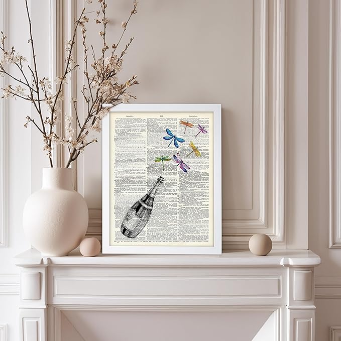 Poster Master Dictionary Art Poster - Champagne Bottle Print - Dragonfly Art - Alcohol Art - Gift for Men, Women & Bartender - Great Decor for Bar, Kitchen or Restaurant, 8x10 White Framed