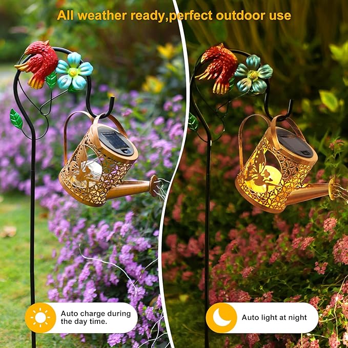 Solar Lights Outdoor Garden Decor Solar Watering Can with Crackle Glass Lights Waterproof Metal Hanging Fairy Lantern for Patio Lawn Yard Outside Decorations- Unique Gift Ideas for Gardening