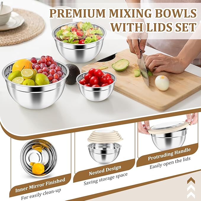 P&P CHEF Mixing Bowl with Visible Airtight Lid Set of 5, 10-Piece Stainless Steel Nesting Salad Bowl Set for Prepping, Mixing and Serving, Size 4.6, 3, 1.5, 1, 0.7 QT, Rimmed Edges & Flat Base, Khaki