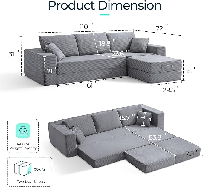 LINSY HOME Convertible Sofa Bed with 2 Pillows & Ottoman, L Shaped Modular Sectional Sleeper Sofa, Folding Sofas Corduroy Couch Bed Compression Sofa for Living Room Apartment, Grey