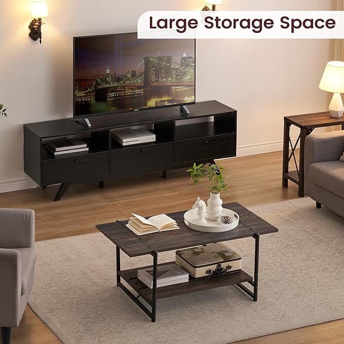 2-Tier Farmhouse 41'' Large Gray Wood Coffee Table with Storage Shelf -Modern Rustic Metal Rectangle Center Living Room Coffee Table Accent Furniture for Home Office,Easy Assembly(Dark Rustic Oak)