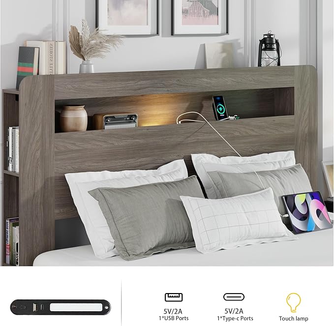 Queen Size Wooden Bed Frame with Bookcace Storage Headboard, Rustic Farmhouse Bedframe with LED Lights and Charging Station, Sturdy and Stable, Slat Support, No Box Spring Required (Light Brown)