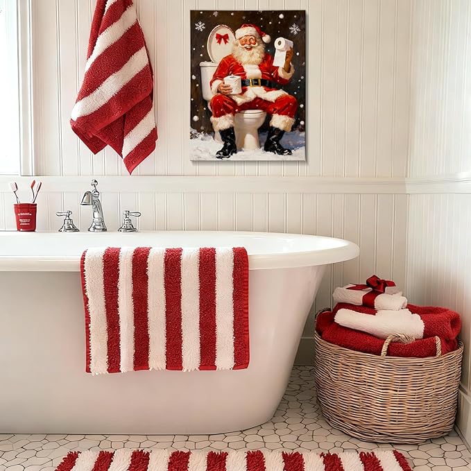 Vintage Humorous Santa Christmas Wall Art - Comical Canvas Print for Bathroom Decor, Ready to Hang Framed Picture, Perfect Funny Christmas Gifts & Quirky Holiday Decorations
