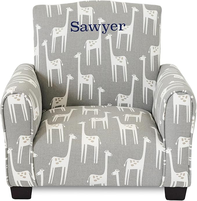 Toddler Personalized Armchair, Kids Upholstered Rocking Chair with Personalization, Toddler Chair with Personalized Name, Comfy Child Armchair, (Grey Giraffes Print, Legs)