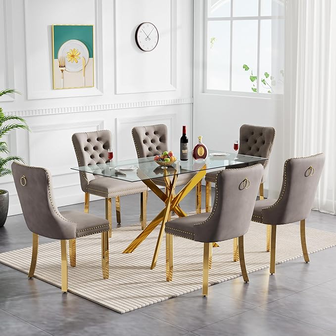 Goujxcy Glass Dining Table Set for 6, Modern Kitchen Table and Chairs Set of 6, 7-Piece Kitchen Dining Room Table Set w/61 Glass Gold Dining Table and 6 Gray Velvet Upholstered Chairs