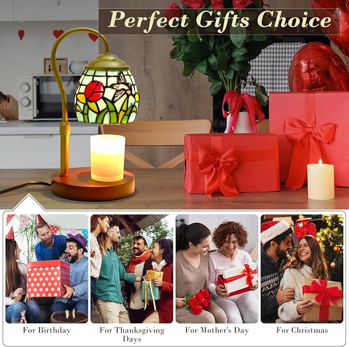 Candle Warmer Lamp with Timer Dimmer, Adjustable Height Candle Warmer for Jar Candles, Birthday Gifts for Women New Home Bedroom Decor Tiffany Hummingbird Style Stained Glass with 2 Bulbs