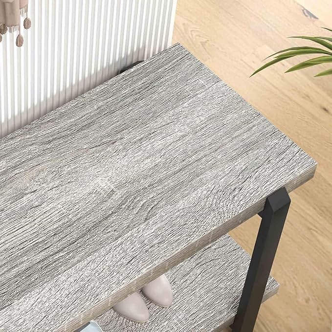 FOLUBAN Entryway Bench, Vintage Wood and Metal Shoe Bench for Hallway Front Door Entrance, Farmhouse Indoor Shoe Storage Bench Seat for Bedroom, Living Room, Light Grey, 47 Inch