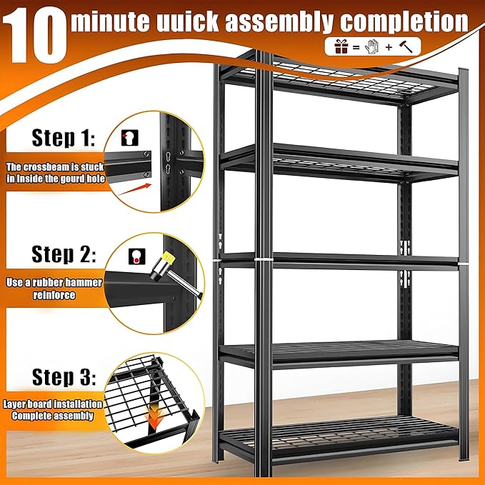 Garage Shelving Wire Storage Shelving Unit 5-Tier Heavy Duty 3000 lbs Load Capacity Storage Shelves, Adjustable Metal Shelves for Garage, Kitchen, and Pantry Storage(35.4"W x 15.7"D x 72"H)