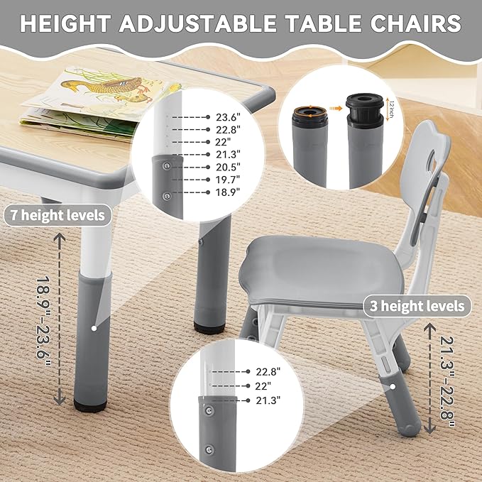 Kids Study Table and Chairs Set, Height Adjustable Toddler Table and Chair Set for Kids Ages 3-8, 31.5" L x 23.6" W Graffiti Desktop Plastic Children Art Table with 2 Seats, Grey