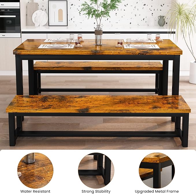 AWQM Dining Room Table Set, Kitchen Set with 2 Benches, Ideal for Home, and Room, Breakfast of 43.3x23.6x28.5 inches, Benches 38.5x11.8x17.5 Industrial Brown (A006-11F2-L)