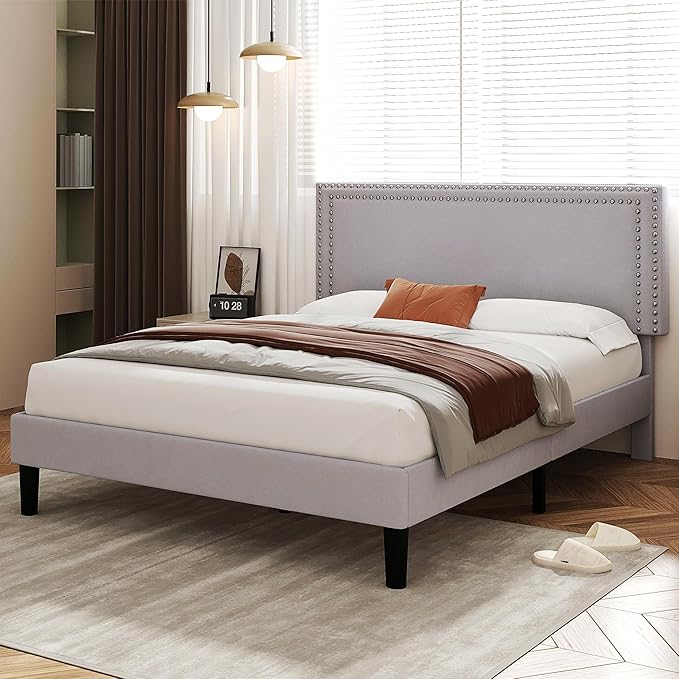 VECELO Queen Size Bed Frame with Adjustable Upholstered Headboard, Wooden Slats Platform, Noise-Free Design, No Box Spring Needed, Easy Assembly