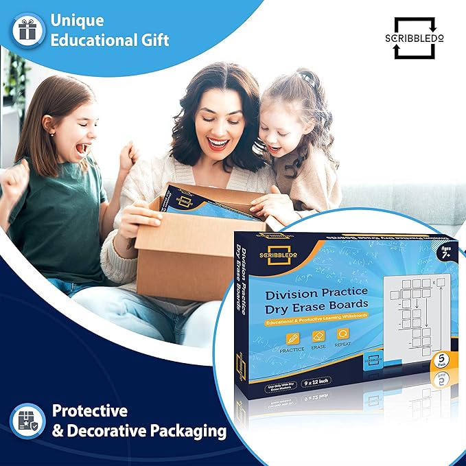 SCRIBBLEDO 5 Pack Dry Erase Division White Boards 9x12Inch Lapboard Double Sided Math Manipulatives Long Division Practice Lapboards for Kids Students, Classroom and Home 5 Whiteboard Erasers Included