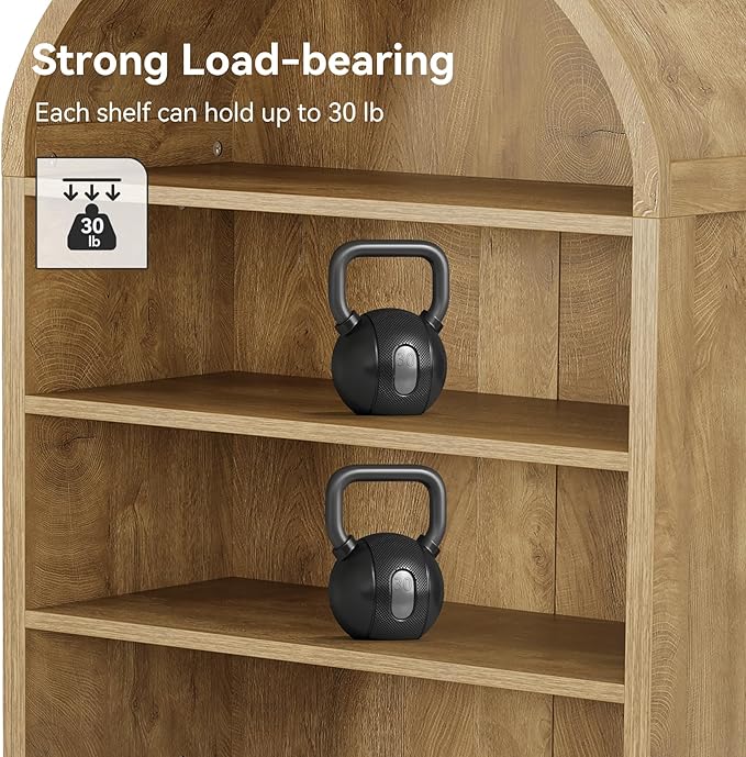 LITTLE TREE 70.9 Inches Tall Arched Bookcase, 8-Tier Bookshelf with Doors & Adjustable Shelves, Farmhouse Big Bookcase for Living Room, Large Vertical Storage Cabinet for Home Office, Oak Color