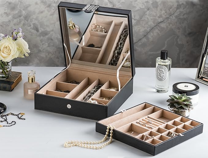 Co 28 Section Jewelry Box - 2 Layer - Buckle Snap & Magnet Closure - Large Mirror - Pu Leather - Black - Jewelry Organizer for Women & Girls - Holder for Earring Ring Necklace & Bracelet